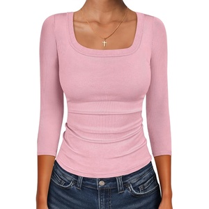image:imageANRABESS Womens 34 Sleeve Scoop Neck Tops Ribbed Knit Slim Fitted Casual Basic Tee Shirts 2026 Fall Trendy Going Out TShirtPink