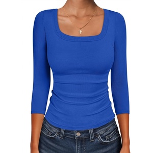 image:imageANRABESS Womens 34 Sleeve Scoop Neck Tops Ribbed Knit Slim Fitted Casual Basic Tee Shirts 2026 Fall Trendy Going Out TShirtRoyal Blue