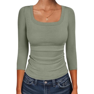 image:imageANRABESS Womens 34 Sleeve Scoop Neck Tops Ribbed Knit Slim Fitted Casual Basic Tee Shirts 2026 Fall Trendy Going Out TShirtSage Green