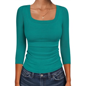 image:imageANRABESS Womens 34 Sleeve Scoop Neck Tops Ribbed Knit Slim Fitted Casual Basic Tee Shirts 2026 Fall Trendy Going Out TShirtTeal