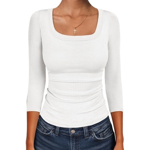image:imageANRABESS Womens 34 Sleeve Scoop Neck Tops Ribbed Knit Slim Fitted Casual Basic Tee Shirts 2026 Fall Trendy Going Out TShirtWhite