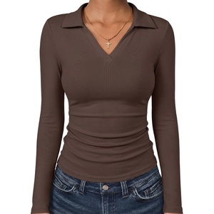 image:imageANRABESS Womens Long Sleeve Fitted Polo Shirts  Fleece Soft WarmV Neck CollaredSlim Work TopsSoftDressy Business Casual OutfitsOffice Daily Wear Fall Winter TransitionBrown