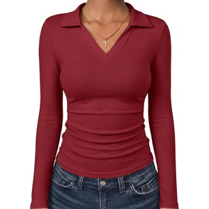 image:imageANRABESS Womens Long Sleeve Fitted Polo Shirts  Fleece Soft WarmV Neck CollaredSlim Work TopsSoftDressy Business Casual OutfitsOffice Daily Wear Fall Winter TransitionRed