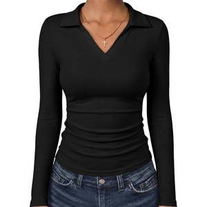 image:imageANRABESS Womens Long Sleeve Fitted Polo Shirts  Fleece Soft WarmV Neck CollaredSlim Work TopsSoftDressy Business Casual OutfitsOffice Daily Wear Fall Winter TransitionBlack