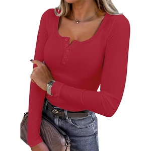image:imageANRABESS Womens Long Sleeve Henley Tops Ribbed Knit Slim Fitted Trendy T Shirt Basic Tees Layer 2026 Fall Fashion OutfitsBright Red