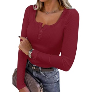 image:imageANRABESS Womens Long Sleeve Henley Tops Ribbed Knit Slim Fitted Trendy T Shirt Basic Tees Layer 2026 Fall Fashion OutfitsDeep Red