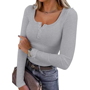 image:imageANRABESS Womens Long Sleeve Henley Tops Ribbed Knit Slim Fitted Trendy T Shirt Basic Tees Layer 2026 Fall Fashion OutfitsGrey