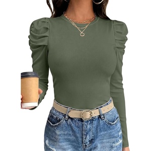 image:imageANRABESS Womens Puff Long Sleeve Shirts Comfy Stretchy Ribbed Knit Fitted Tops Trendy Fall Winter Tee for Work amp CasualArmy Green
