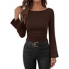 image:imageANRABESS Womens Bell Long Sleeve Boat Neck Crop Tops  Stretchy SoftRuched Slim Fitted ShirtsCute Stylish Y2K Street TeeGoing Out Travel AllDay WearFall FashionYoung GirlsBrown