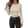 image:imageANRABESS Womens Bell Long Sleeve Boat Neck Crop Tops  Stretchy SoftRuched Slim Fitted ShirtsCute Stylish Y2K Street TeeGoing Out Travel AllDay WearFall FashionYoung GirlsBeige