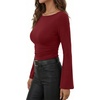 image:imageANRABESS Womens Bell Long Sleeve Boat Neck Crop Tops  Stretchy SoftRuched Slim Fitted ShirtsCute Stylish Y2K Street TeeGoing Out Travel AllDay WearFall FashionYoung GirlsRed