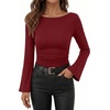 image:imageANRABESS Womens Bell Long Sleeve Boat Neck Crop Tops  Stretchy SoftRuched Slim Fitted ShirtsCute Stylish Y2K Street TeeGoing Out Travel AllDay WearFall FashionYoung GirlsRed