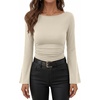 image:imageANRABESS Womens Bell Long Sleeve Boat Neck Crop Tops  Stretchy SoftRuched Slim Fitted ShirtsCute Stylish Y2K Street TeeGoing Out Travel AllDay WearFall FashionYoung GirlsBeige