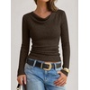 image:imageANRABESS Womens Cowl Neck Long Sleeve ShirtsSoft Ribbed Knit Crop Tops with Side RuchedCasual amp Going Out Tshirts for FallBrown