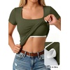 image:imageANRABESS Womens Short Sleeve Double Lined Tops Built in Bra  Square Neck CroppedSlim Fitted Basic Tee Shirts Soft Stretchy Breathable for SummerGoing Out Work Everyday WearArmy Green