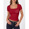 image:imageANRABESS Womens Short Sleeve Double Lined Tops Built in Bra  Square Neck CroppedSlim Fitted Basic Tee Shirts Soft Stretchy Breathable for SummerGoing Out Work Everyday WearRed