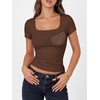 image:imageANRABESS Womens Short Sleeve Double Lined Tops Built in Bra  Square Neck CroppedSlim Fitted Basic Tee Shirts Soft Stretchy Breathable for SummerGoing Out Work Everyday WearBrown