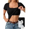image:imageANRABESS Womens Short Sleeve Double Lined Tops Built in Bra  Square Neck CroppedSlim Fitted Basic Tee Shirts Soft Stretchy Breathable for SummerGoing Out Work Everyday WearBlack