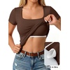 image:imageANRABESS Womens Short Sleeve Double Lined Tops Built in Bra  Square Neck CroppedSlim Fitted Basic Tee Shirts Soft Stretchy Breathable for SummerGoing Out Work Everyday WearBrown