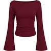image:imageANRABESS Women Bell Long Sleeve Shirts Boat Neck Top  Flare Sleeve BlouseRuched Side Crop TeeSoft Comfy RibbedBusiness Casual OutfitsWork amp Travel Vacation amp All Day WearWine Red