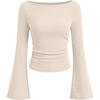 image:imageANRABESS Women Bell Long Sleeve Shirts Boat Neck Top  Flare Sleeve BlouseRuched Side Crop TeeSoft Comfy RibbedBusiness Casual OutfitsWork amp Travel Vacation amp All Day WearBeige