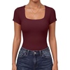 image:imageANRABESS Womens Short Sleeve Double Lined Tops Built in Bra  Square Neck CroppedSlim Fitted Basic Tee Shirts Soft Stretchy Breathable for SummerGoing Out Work Everyday WearBurgundy
