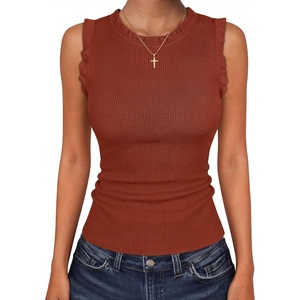 image:imageANRABESS Ribbed Tank Tops for Women Ruffle Style  Crew Neck Sleeveless Sweater Vest Business Casual Cute Shirts Comfort Breathable SkinFriendly OutfitsRust
