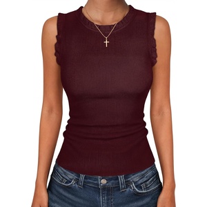 image:imageANRABESS Ribbed Tank Tops for Women Ruffle Style  Crew Neck Sleeveless Sweater Vest Business Casual Cute Shirts Comfort Breathable SkinFriendly OutfitsDeep Red