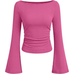 image:imageANRABESS Women Bell Long Sleeve Shirts Boat Neck Top  Flare Sleeve BlouseRuched Side Crop TeeSoft Comfy RibbedBusiness Casual OutfitsWork amp Travel Vacation amp All Day WearHot Pink