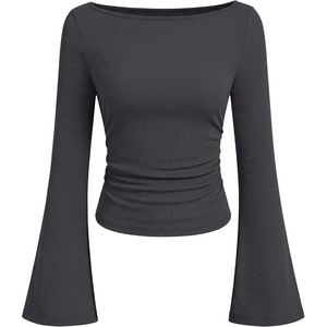 image:imageANRABESS Women Bell Long Sleeve Shirts Boat Neck Top  Flare Sleeve BlouseRuched Side Crop TeeSoft Comfy RibbedBusiness Casual OutfitsWork amp Travel Vacation amp All Day WearDark Grey