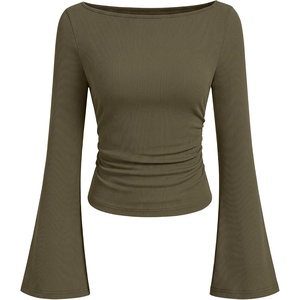 image:imageANRABESS Women Bell Long Sleeve Shirts Boat Neck Top  Flare Sleeve BlouseRuched Side Crop TeeSoft Comfy RibbedBusiness Casual OutfitsWork amp Travel Vacation amp All Day WearArmy Green