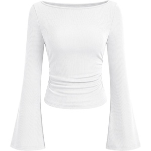 image:imageANRABESS Women Bell Long Sleeve Shirts Boat Neck Top  Flare Sleeve BlouseRuched Side Crop TeeSoft Comfy RibbedBusiness Casual OutfitsWork amp Travel Vacation amp All Day WearWhite