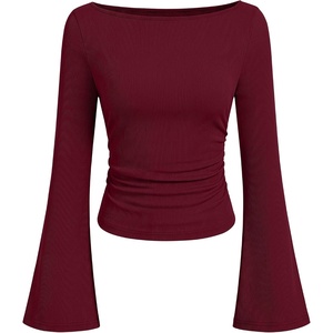 image:imageANRABESS Women Bell Long Sleeve Shirts Boat Neck Top  Flare Sleeve BlouseRuched Side Crop TeeSoft Comfy RibbedBusiness Casual OutfitsWork amp Travel Vacation amp All Day WearWine Red