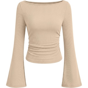 image:imageANRABESS Women Bell Long Sleeve Shirts Boat Neck Top  Flare Sleeve BlouseRuched Side Crop TeeSoft Comfy RibbedBusiness Casual OutfitsWork amp Travel Vacation amp All Day WearApricot