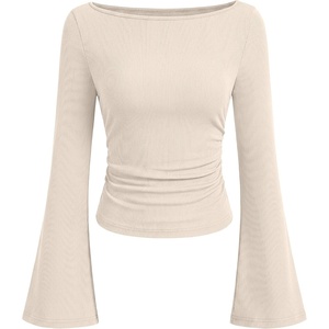 image:imageANRABESS Women Bell Long Sleeve Shirts Boat Neck Top  Flare Sleeve BlouseRuched Side Crop TeeSoft Comfy RibbedBusiness Casual OutfitsWork amp Travel Vacation amp All Day WearBeige