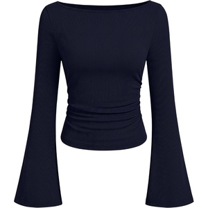 image:imageANRABESS Women Bell Long Sleeve Shirts Boat Neck Top  Flare Sleeve BlouseRuched Side Crop TeeSoft Comfy RibbedBusiness Casual OutfitsWork amp Travel Vacation amp All Day WearNavy Blue