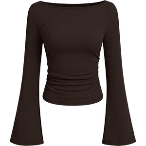 image:imageANRABESS Women Bell Long Sleeve Shirts Boat Neck Top  Flare Sleeve BlouseRuched Side Crop TeeSoft Comfy RibbedBusiness Casual OutfitsWork amp Travel Vacation amp All Day WearCoffee