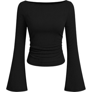 image:imageANRABESS Women Bell Long Sleeve Shirts Boat Neck Top  Flare Sleeve BlouseRuched Side Crop TeeSoft Comfy RibbedBusiness Casual OutfitsWork amp Travel Vacation amp All Day WearBlack