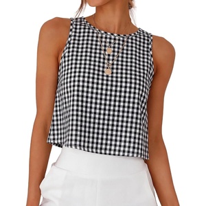image:imageANRABESS Women Crop Tank Tops High Neck Sleeveless Shirts 2026 Summer Outfits Casual Blouse Beach Vacation ClothesBlack White Plaid