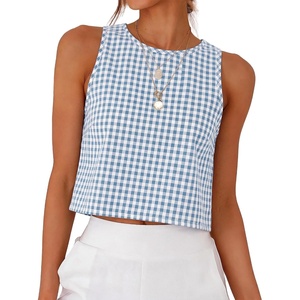 image:imageANRABESS Women Crop Tank Tops High Neck Sleeveless Shirts 2026 Summer Outfits Casual Blouse Beach Vacation ClothesLight Blue White Plaid