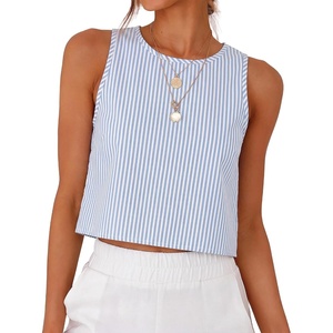 image:imageANRABESS Women Crop Tank Tops High Neck Sleeveless Shirts 2026 Summer Outfits Casual Blouse Beach Vacation ClothesLight Blue White Stripe