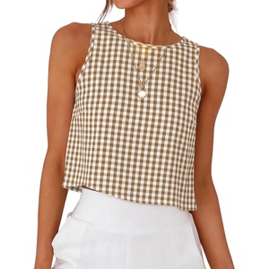 image:imageANRABESS Women Crop Tank Tops High Neck Sleeveless Shirts 2026 Summer Outfits Casual Blouse Beach Vacation ClothesLight Brown White Plaid