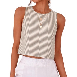 image:imageANRABESS Women Crop Tank Tops High Neck Sleeveless Shirts 2026 Summer Outfits Casual Blouse Beach Vacation ClothesLight Brown White Stripe