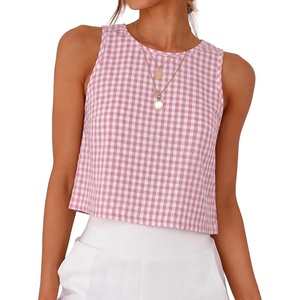 image:imageANRABESS Women Crop Tank Tops High Neck Sleeveless Shirts 2026 Summer Outfits Casual Blouse Beach Vacation ClothesPink White Plaid