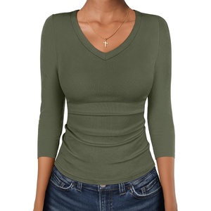image:imageANRABESS Womens 34 Length Sleeve Ribbed Knit TopsampShirts V Neck Slim Fit Soft Medium Stretch Summer Casual Basic OutfitsArmy Green