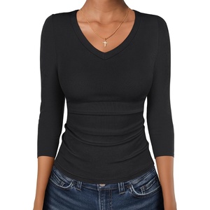 image:imageANRABESS Womens 34 Length Sleeve Ribbed Knit TopsampShirts V Neck Slim Fit Soft Medium Stretch Summer Casual Basic OutfitsBlack