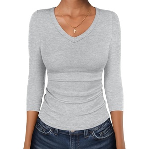image:imageANRABESS Womens 34 Length Sleeve Ribbed Knit TopsampShirts V Neck Slim Fit Soft Medium Stretch Summer Casual Basic OutfitsBright Grey
