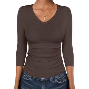 image:imageANRABESS Womens 34 Length Sleeve Ribbed Knit TopsampShirts V Neck Slim Fit Soft Medium Stretch Summer Casual Basic OutfitsCoffee