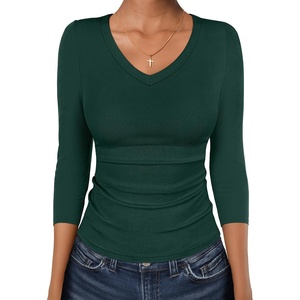 image:imageANRABESS Womens 34 Length Sleeve Ribbed Knit TopsampShirts V Neck Slim Fit Soft Medium Stretch Summer Casual Basic OutfitsDeep Green