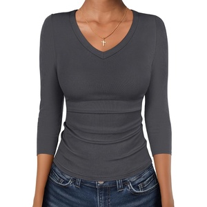 image:imageANRABESS Womens 34 Length Sleeve Ribbed Knit TopsampShirts V Neck Slim Fit Soft Medium Stretch Summer Casual Basic OutfitsDeep Grey
